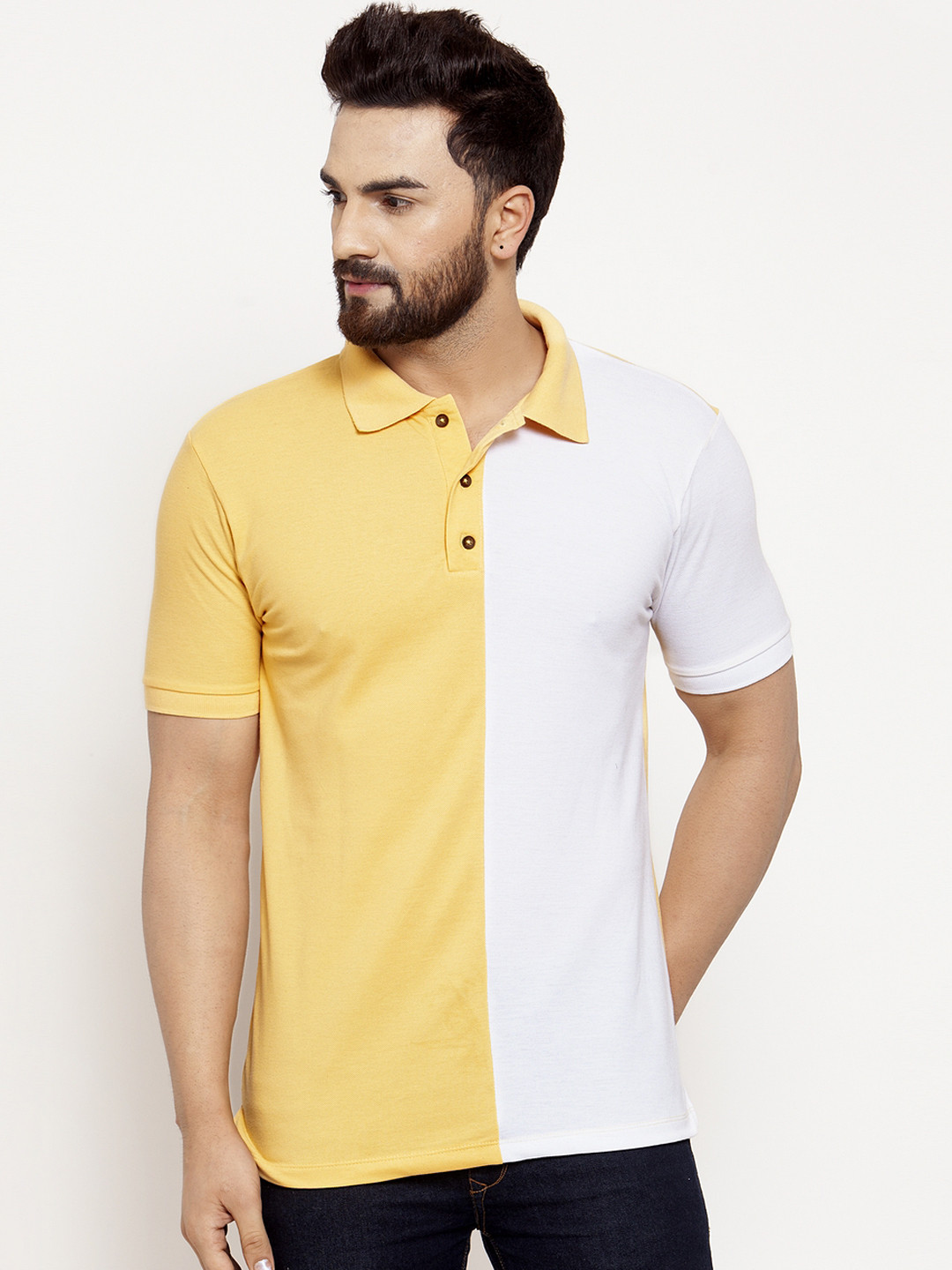 Buy Kalt Men Yellow & White Colourblocked Polo Collar T Shirt Tshirts