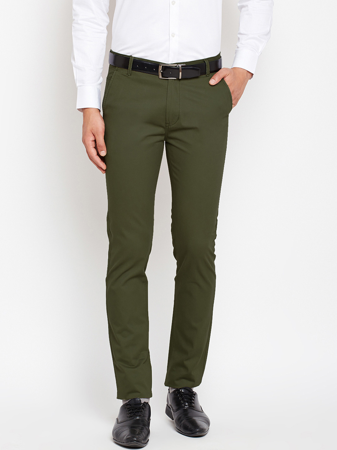 Buy Hancock Men Olive Green Slim Fit Solid Regular Trousers - Trousers ...