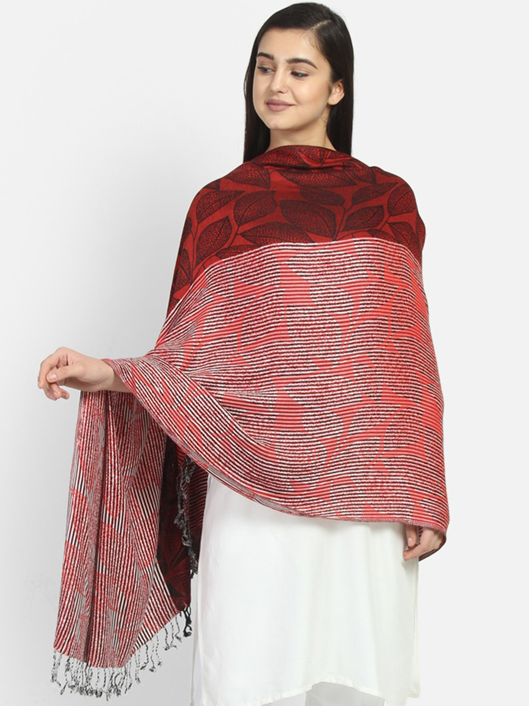 Buy Anekaant Women Red & Black Striped Botanical Shawl Shawl for