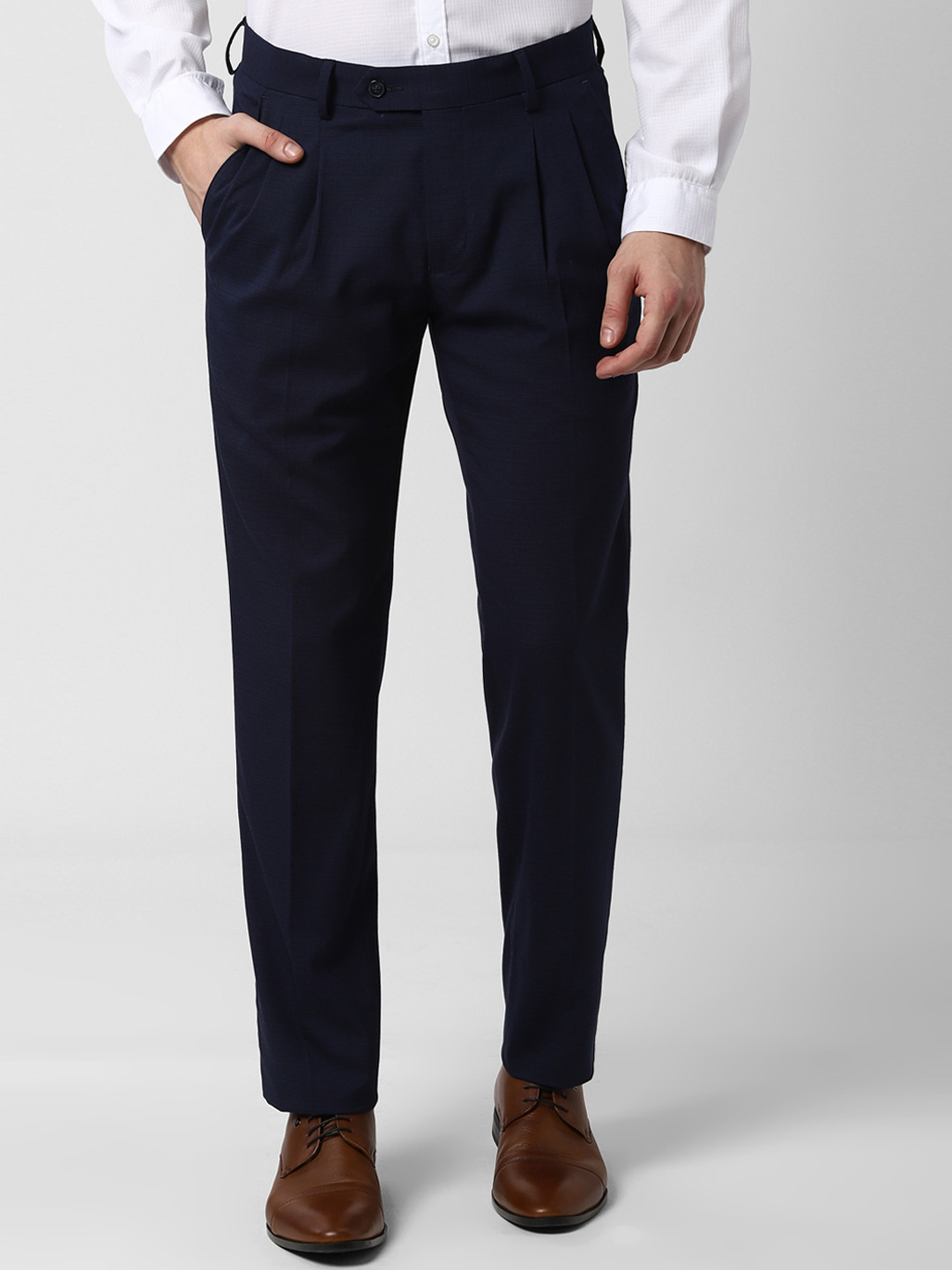 Buy Peter England Men Navy Blue Slim Fit Solid Formal Trousers