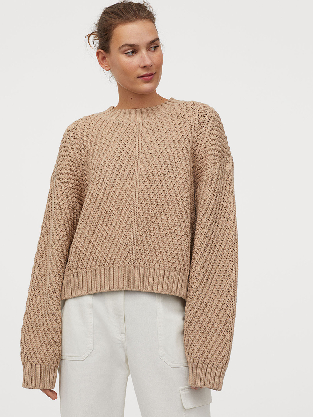 Buy H&M Women Beige Textured Knit Jumper Sweaters for Women 11289696