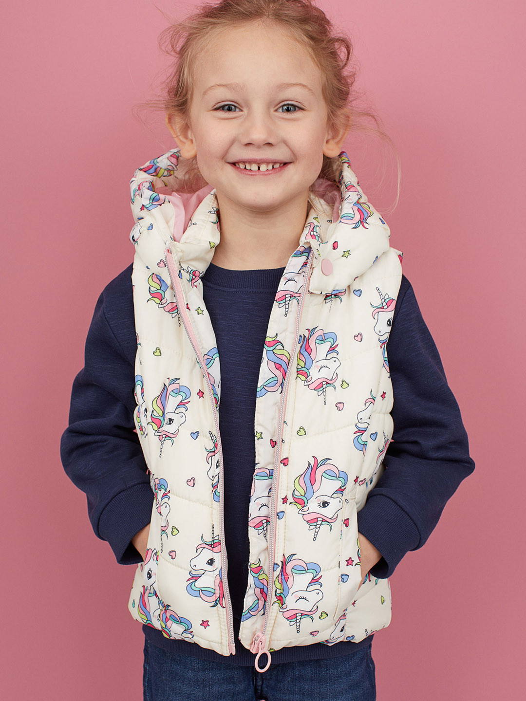 Buy H&M Girls Cream Coloured & Blue Padded Gilet With A Hood Jackets