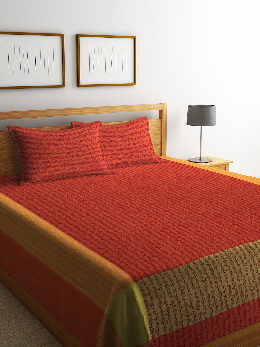 Buy KLOTTHE Red & Orange Woven Design Bed Cover With 2 Pillow Covers