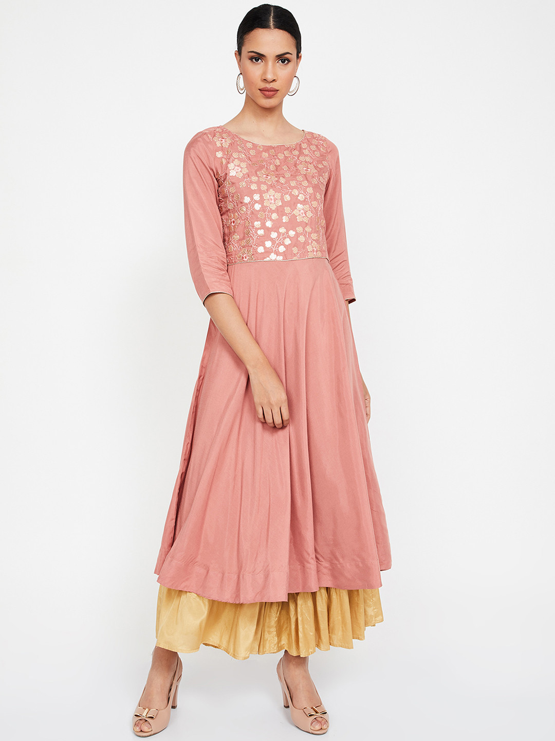 Women'S Pink & Golden Ethic Motif Screen Print A-Line Kurta main image 0