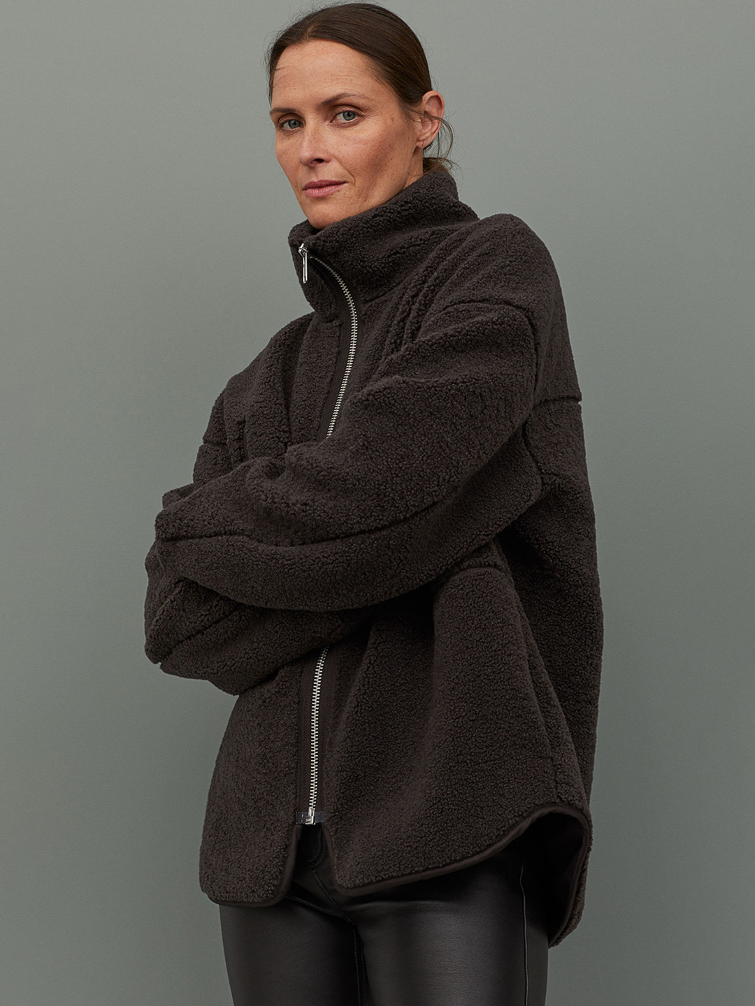 Buy H&M Women Grey High Collared Pile Jacket Jackets for Women