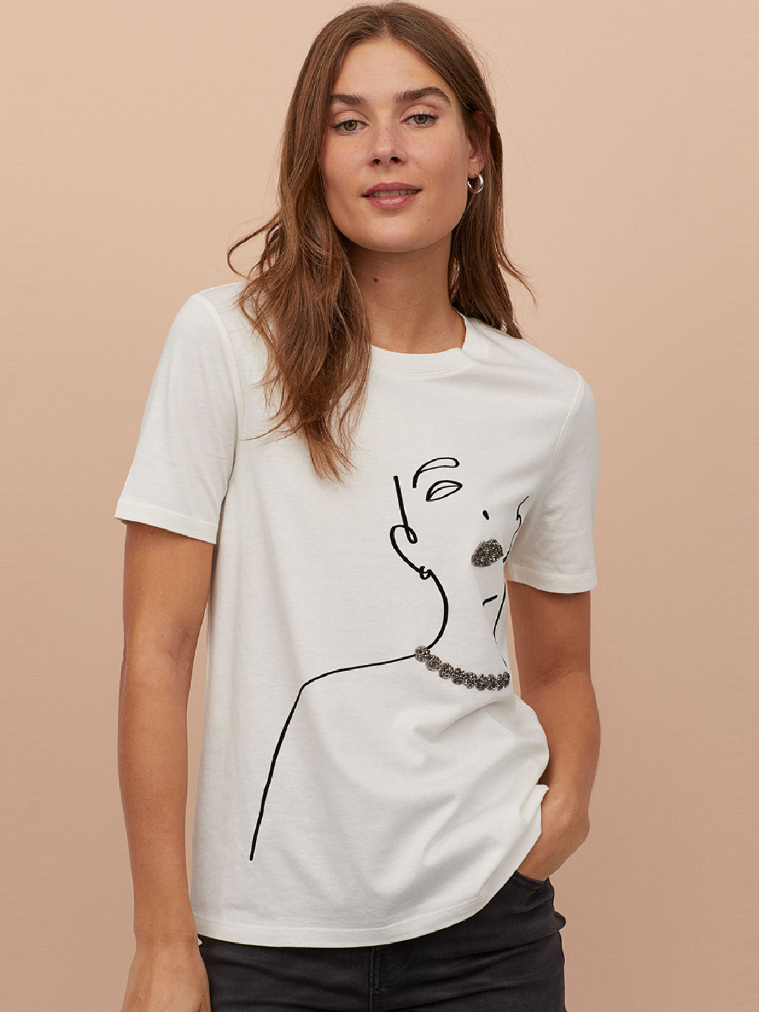 Buy H&M Women White Printed Appliqued T Shirt Tshirts for Women