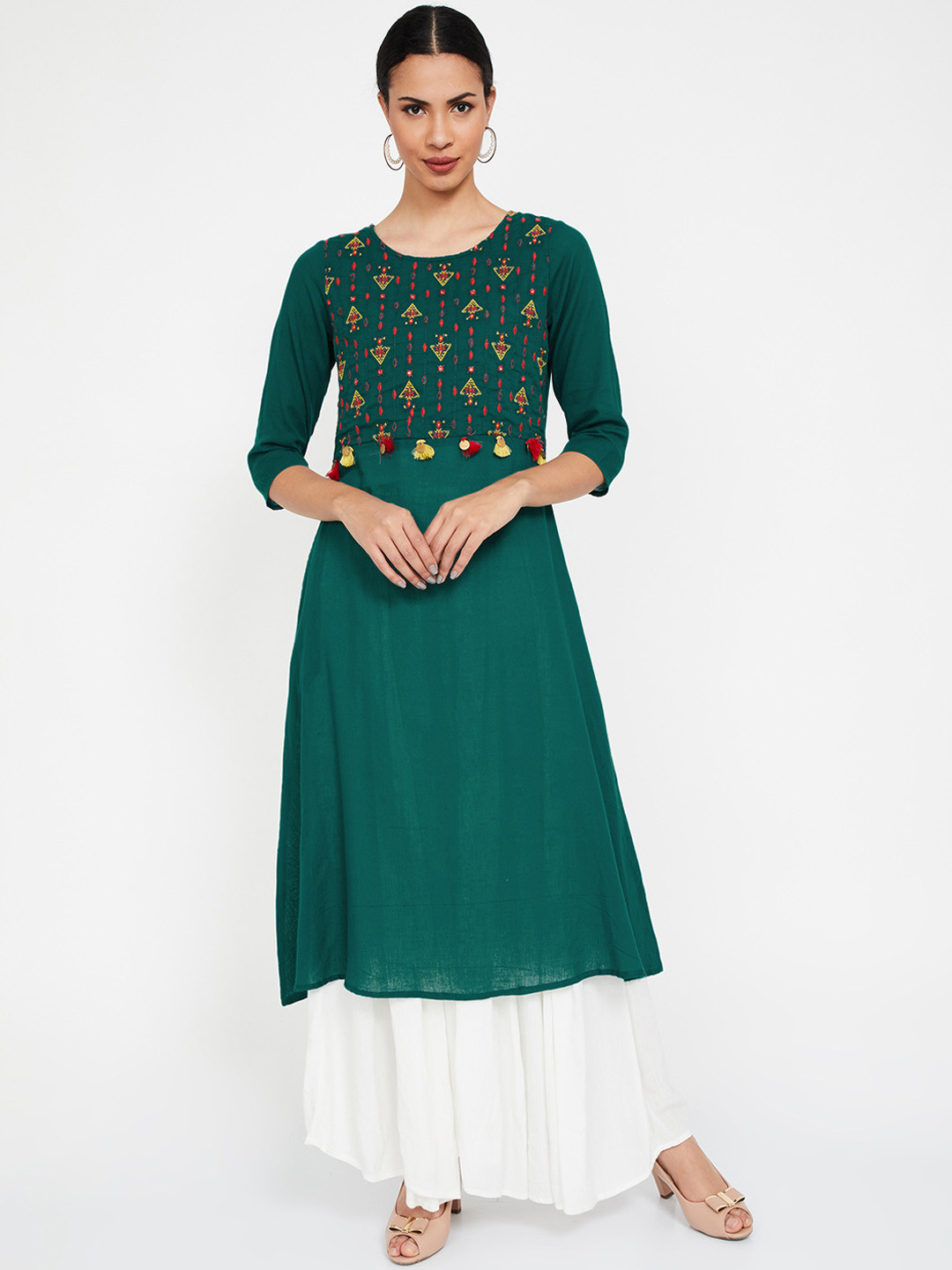 Buy Melange By Lifestyle Women Green Embroidered A Line Kurta Kurtas