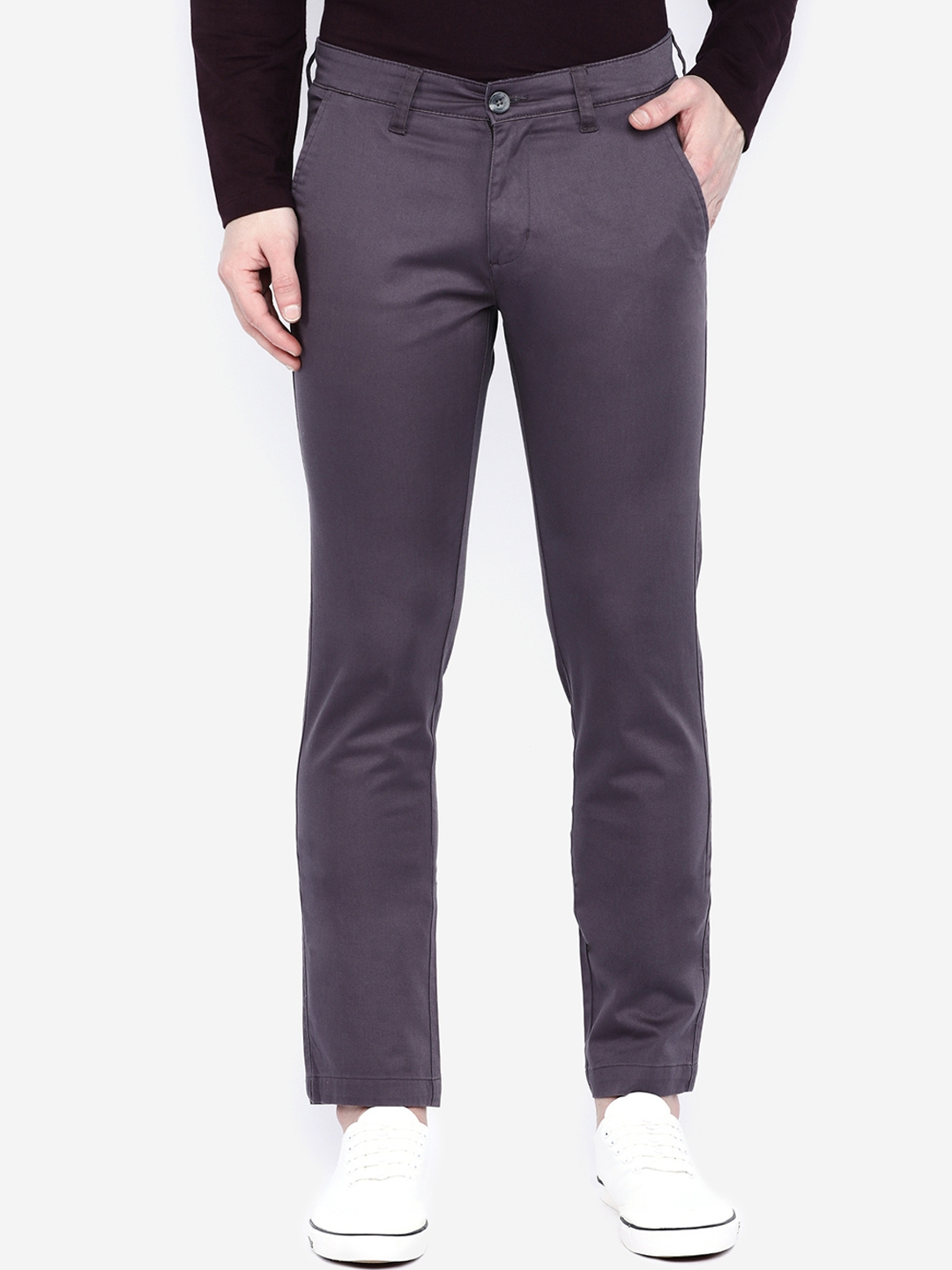 Buy GIORDANO Men Grey Slim Fit Solid Regular Trousers - Trousers for ...