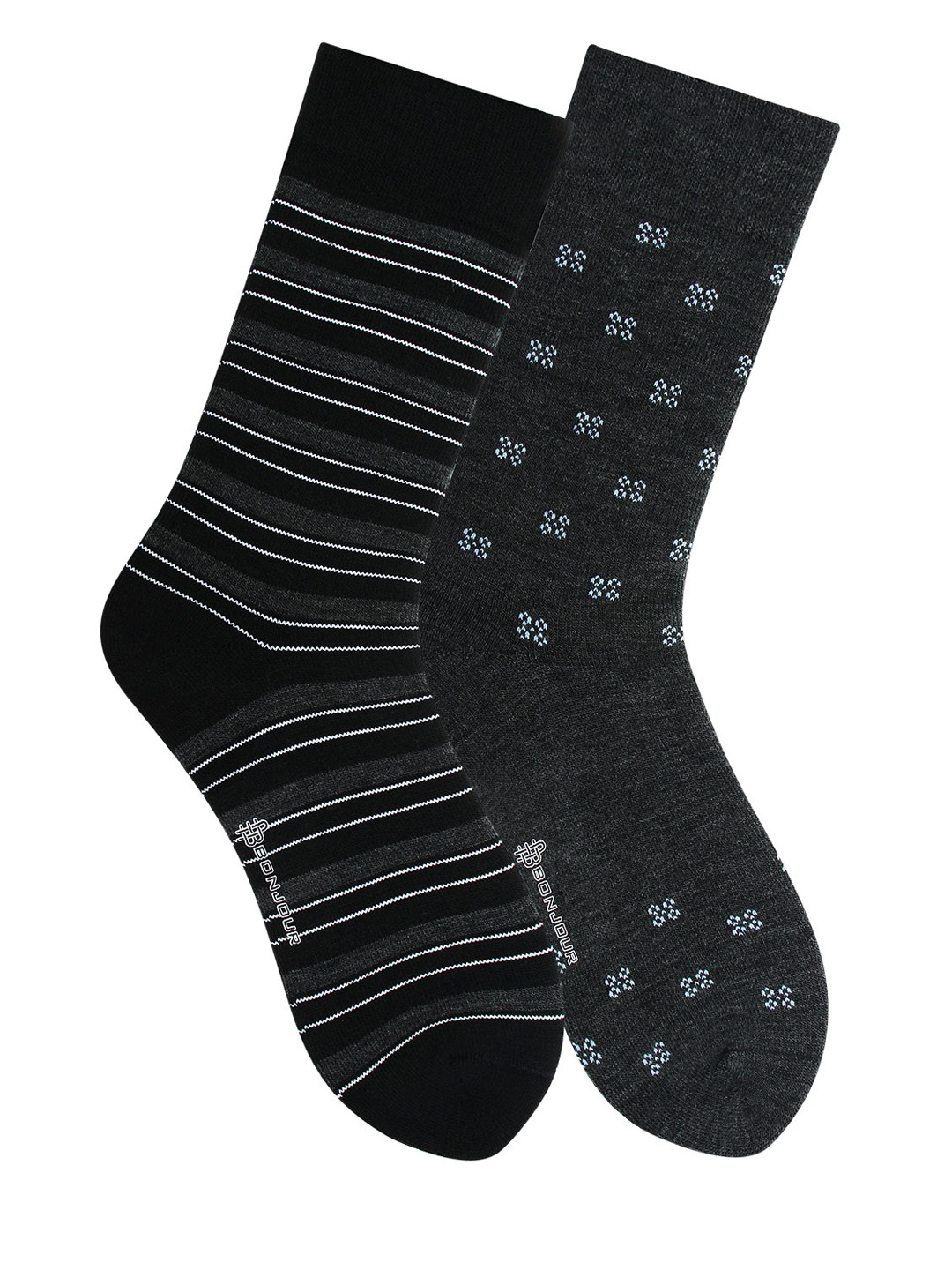 Buy Bonjour Men Pack Of 2 Grey & Black Patterned Calf Length Socks