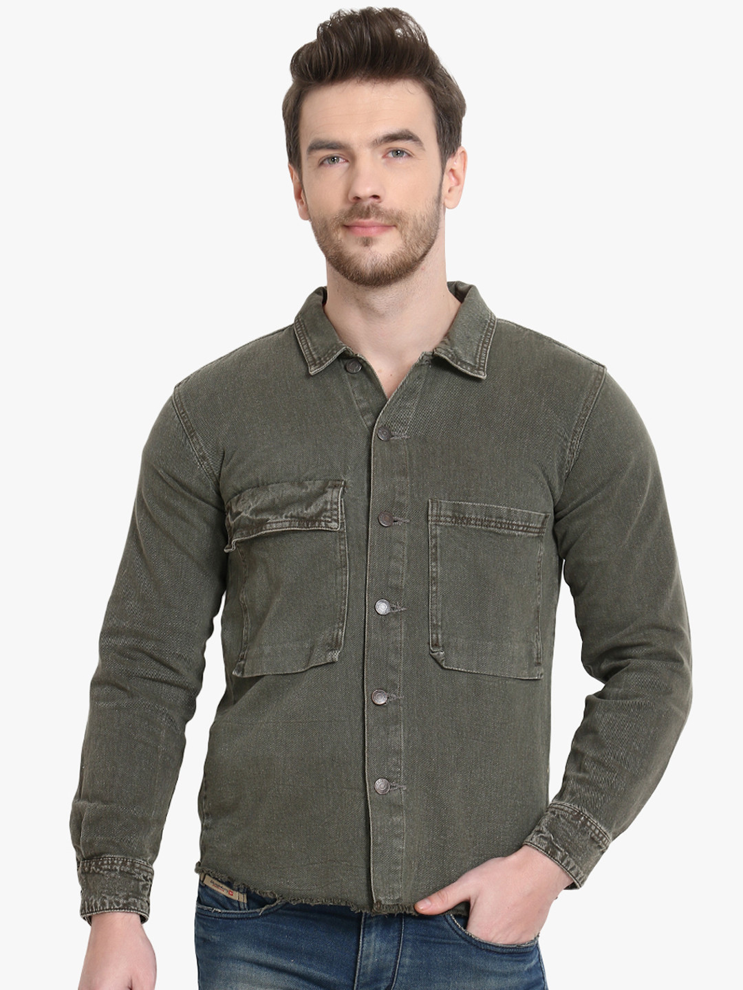 Buy Kotty Men Olive Green Solid Denim Jacket Jackets for Men 11288296