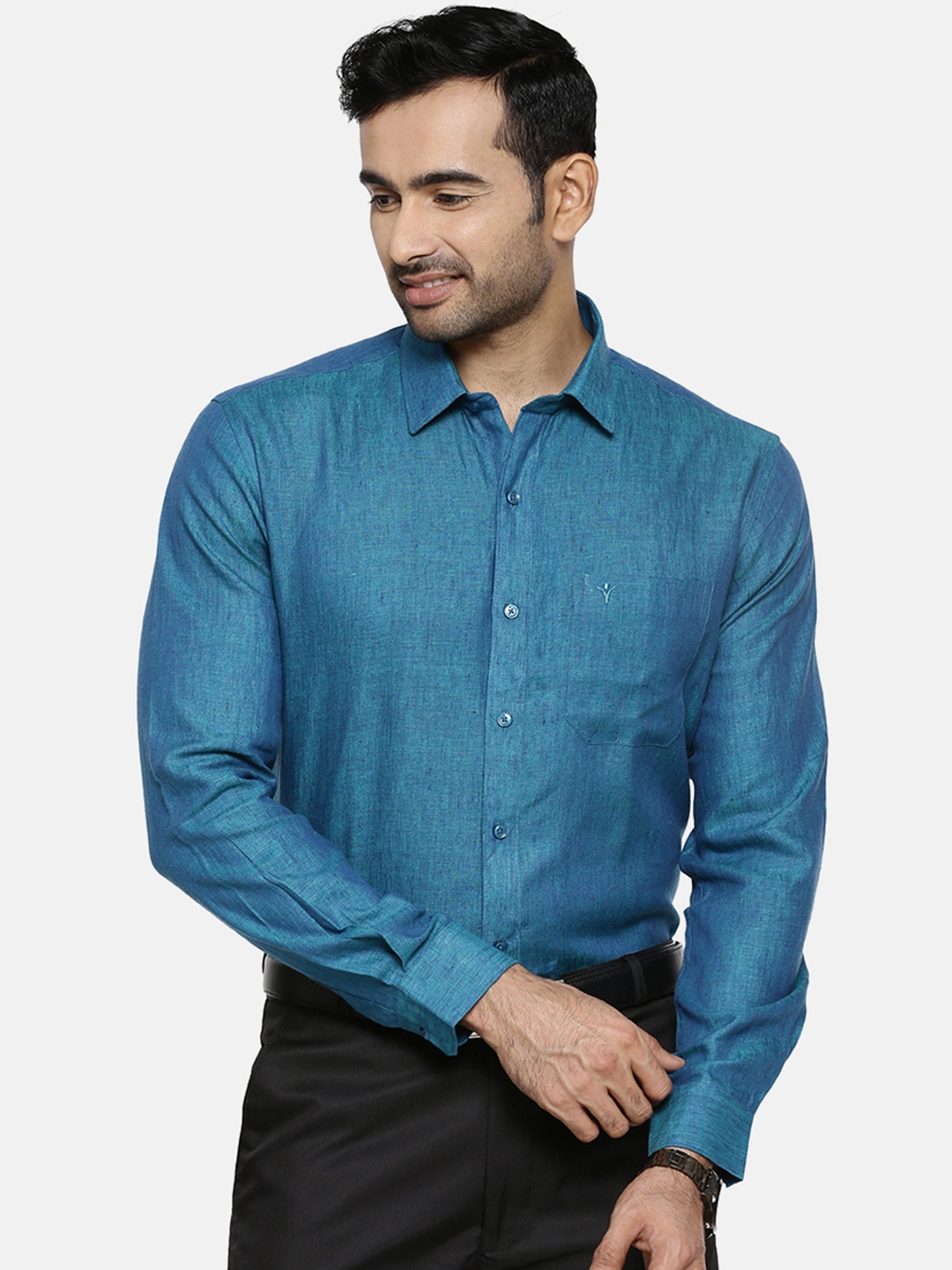 Buy Ramraj Men Blue Original Slim Fit Solid Linen Formal Shirt - Shirts ...
