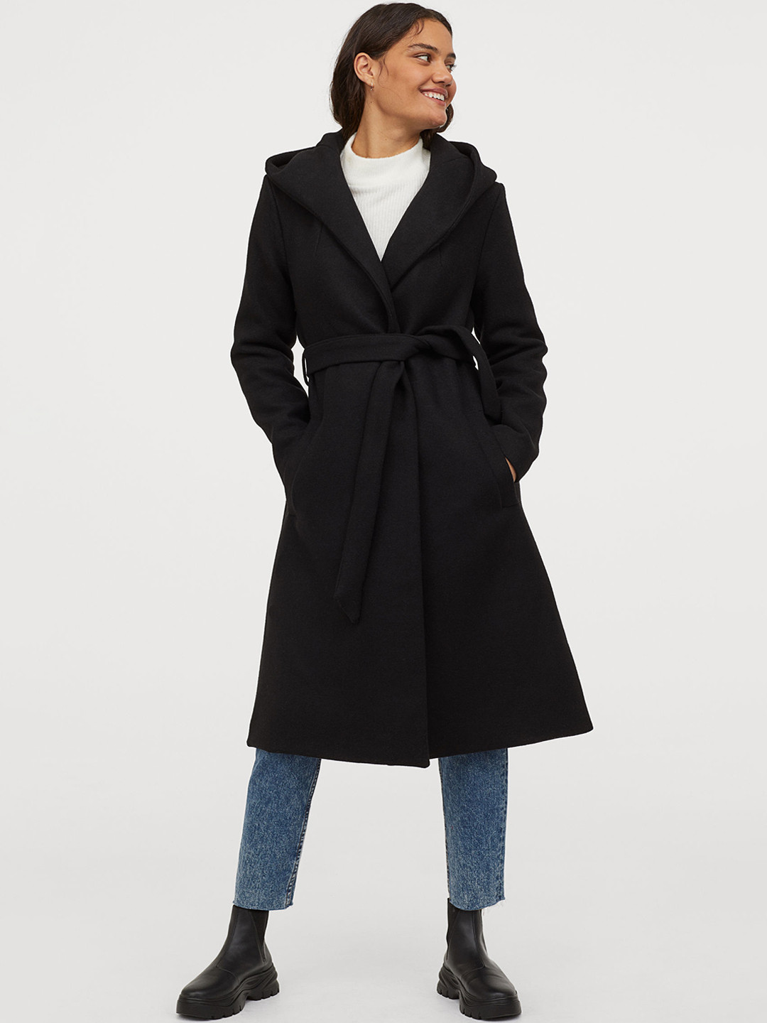 Buy H&M Women Black Solid Coat With A Hood Coats for Women 11292000
