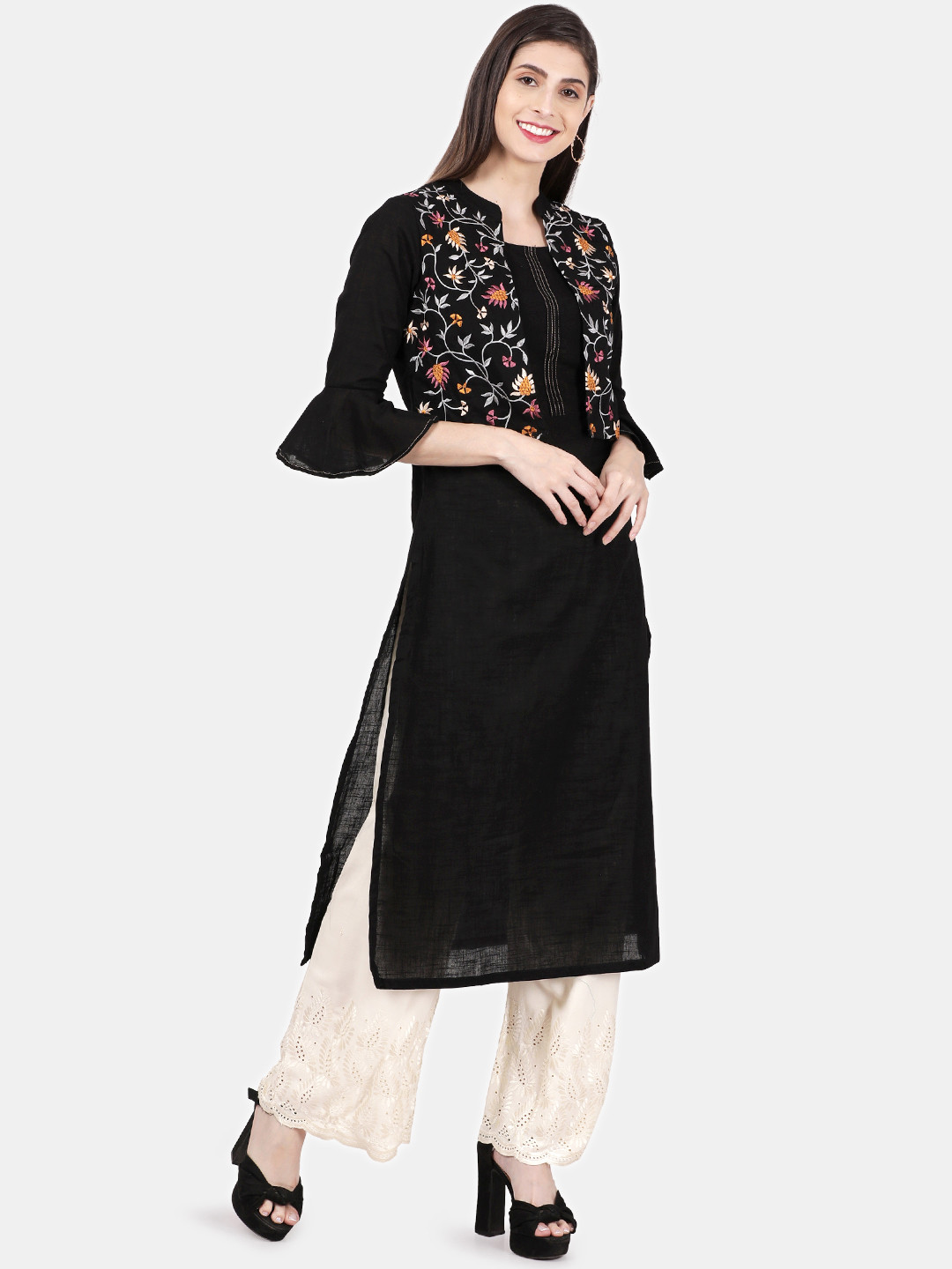 Women Black V Neck Embroidered Kurta With Straight Pants