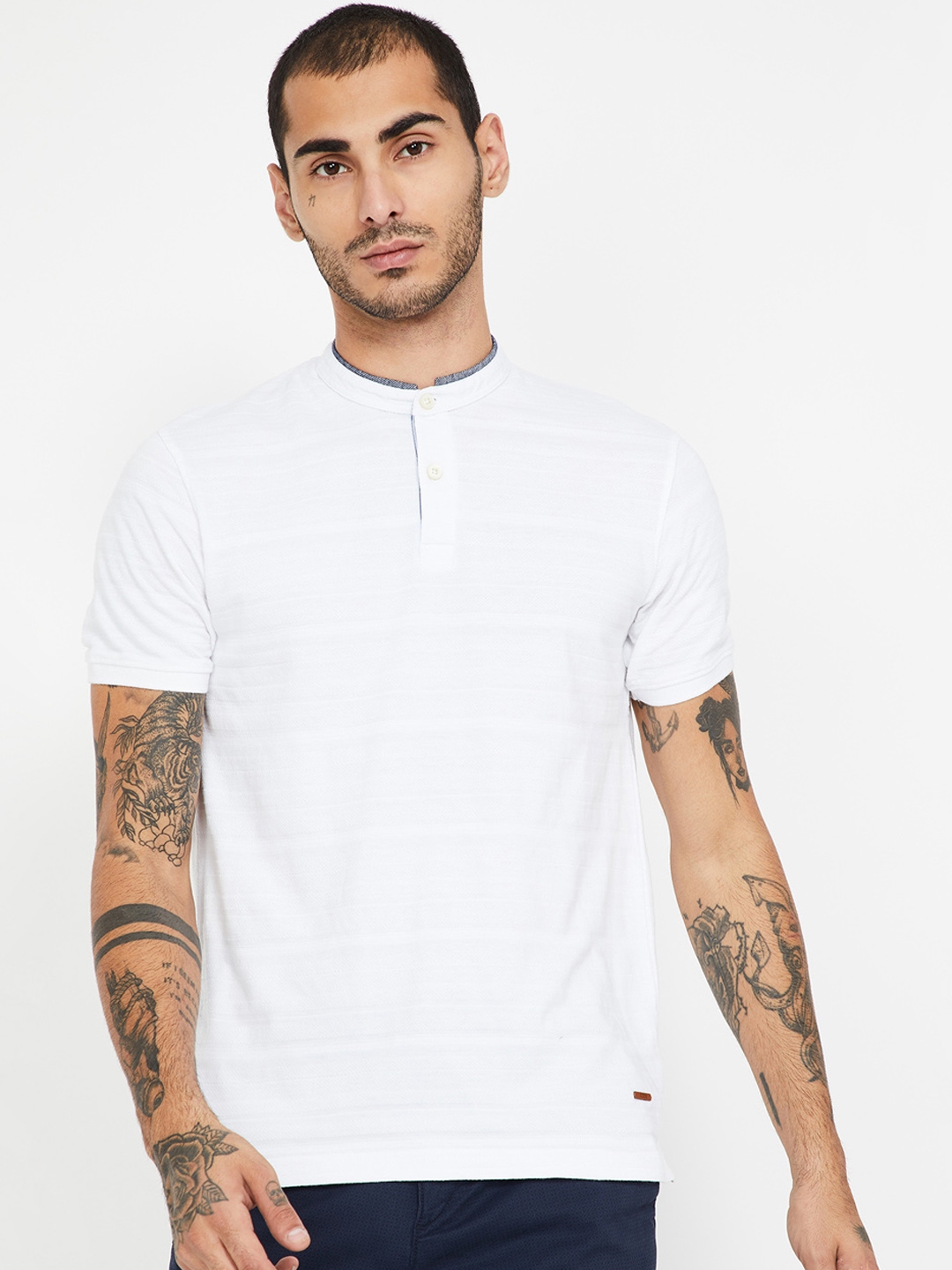 Buy CODE By Lifestyle Men White Solid Mandarin Collar T Shirt - Tshirts ...
