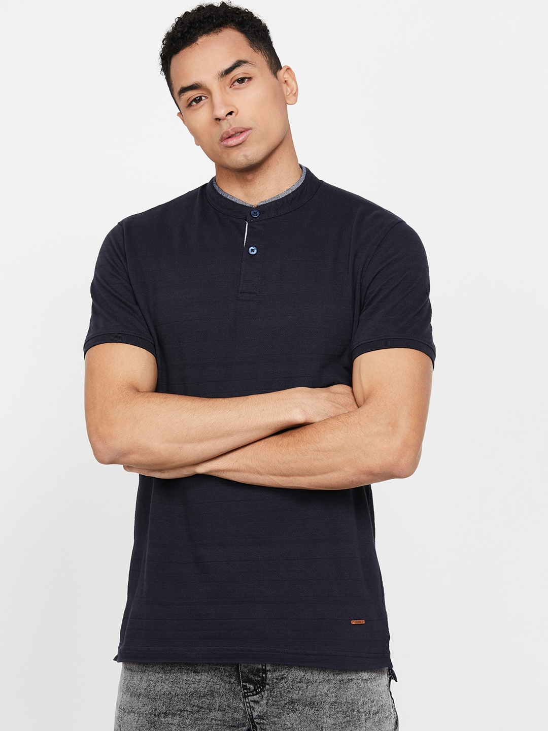 Buy CODE By Lifestyle Men Navy Blue Solid Mandarin Collar T Shirt ...