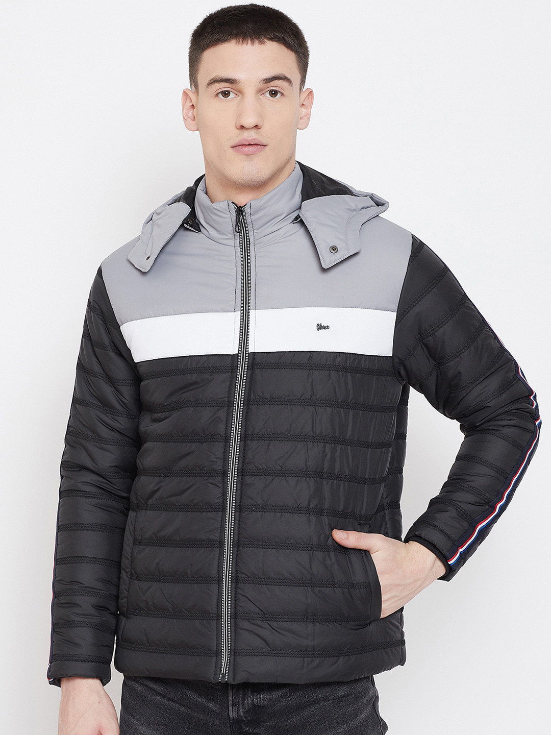 Buy Okane Men Black & Grey Colourblocked Puffer Hooded Jacket Jackets