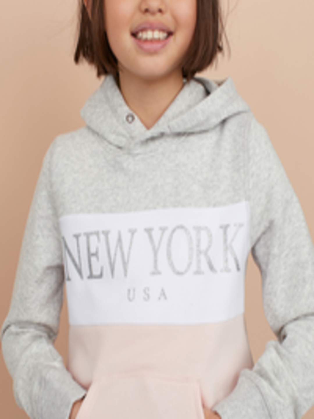 Buy H&M Girls Grey & Pink Printed Hooded Sweatshirt - Sweatshirts for ...