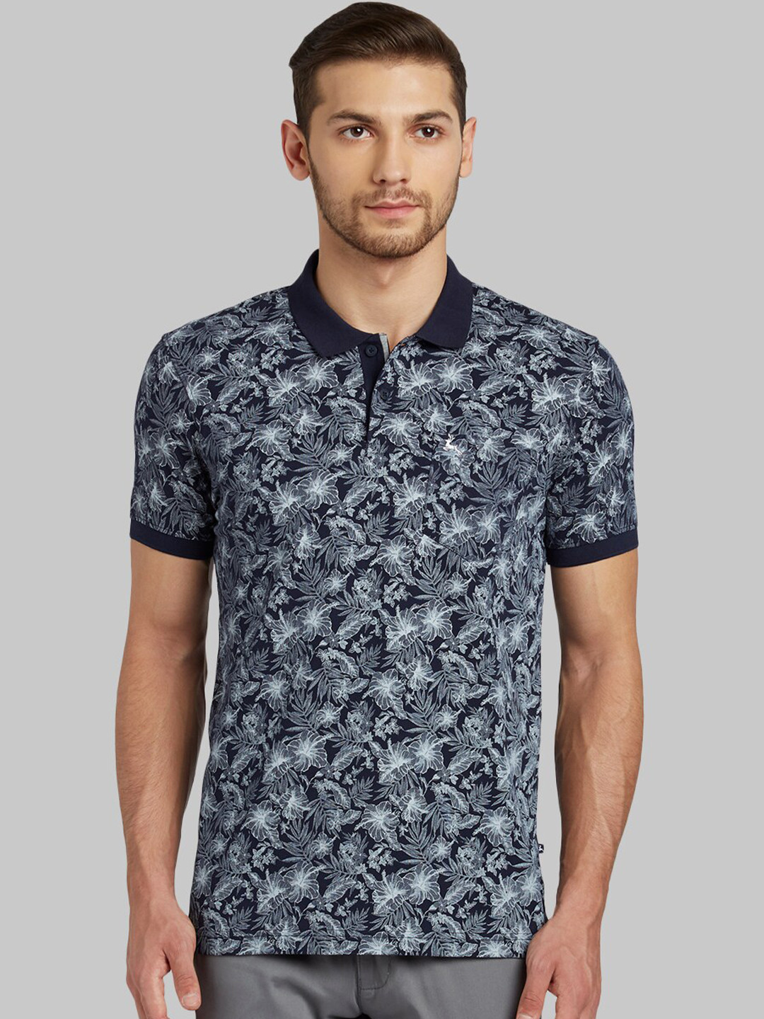 Buy Parx Men Navy Blue & White Floral Printed Polo Collar T Shirt ...
