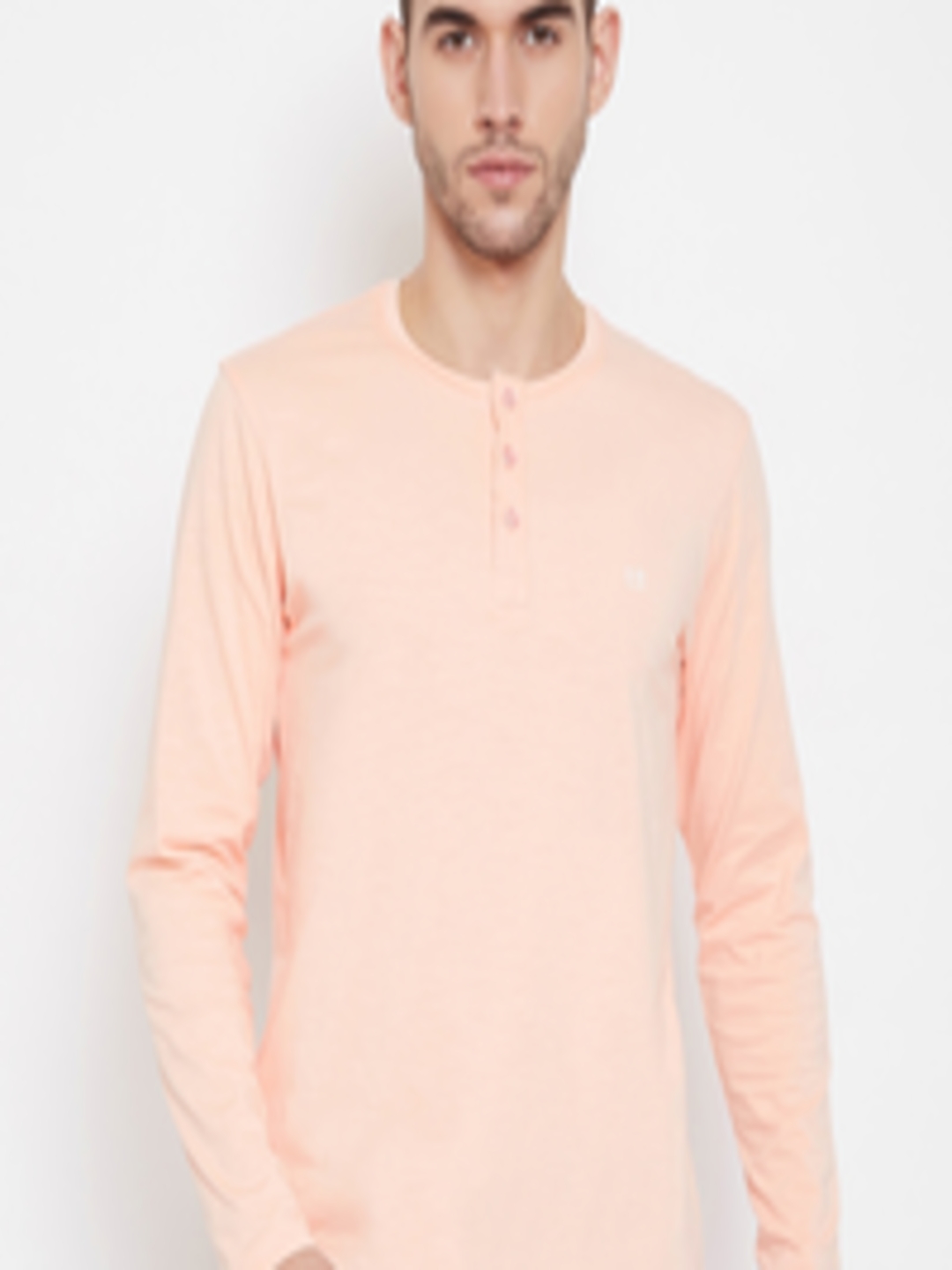 Buy Okane Men Peach Coloured Solid Henley Neck T Shirt - Tshirts for ...