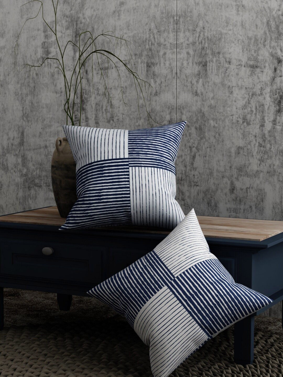 Buy EverHOME White & Navy Blue Set Of 2 Striped Square Cushion Covers
