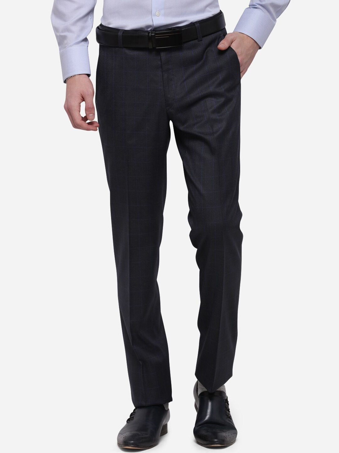 Buy METAL Men Charcoal Grey Slim Fit Checked Formal Trousers - Trousers ...