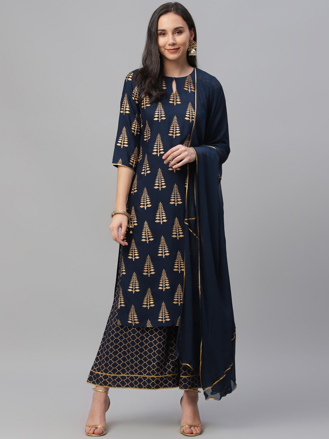 Buy Libas Women Navy Blue & Gold Toned Printed Kurta With Palazzos