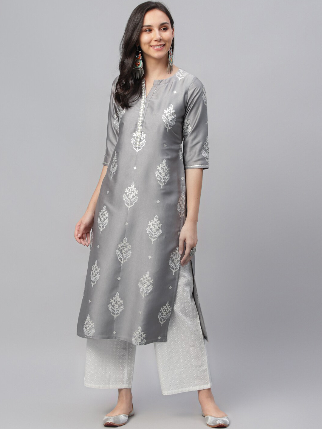 MIMOSA Women's Grey Printed Straight Kurta - Round Neck, 3/4 Sleeves, Calf Length Casual Wear - View #9