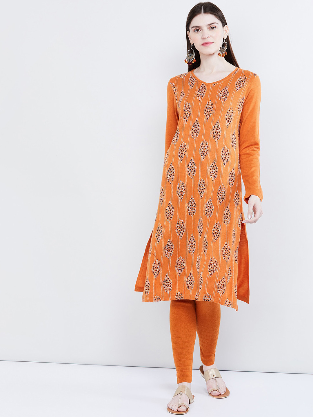 women-orange-white-printed-straight-kurta