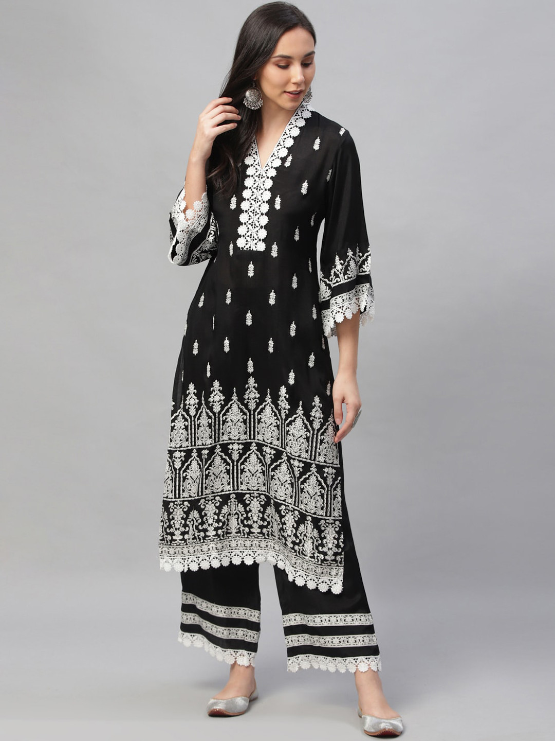 Buy Libas Women Black & White Embroidered Kurta With Palazzos Kurta