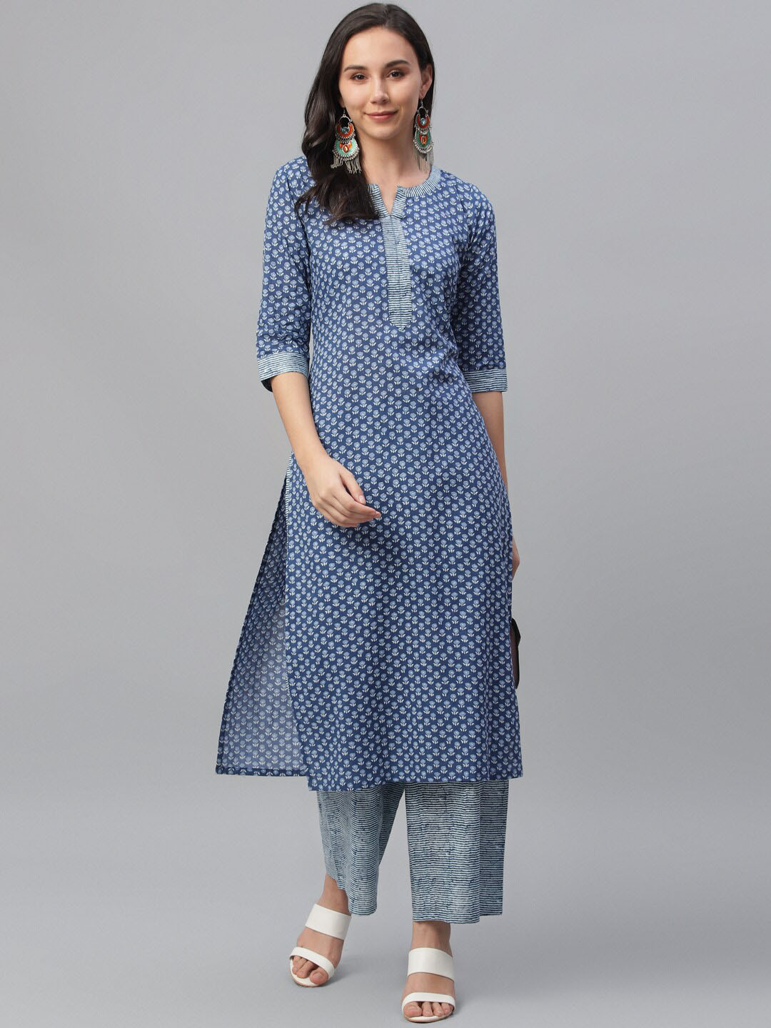 Women Blue Printed A-Line Kurta Trousers Set