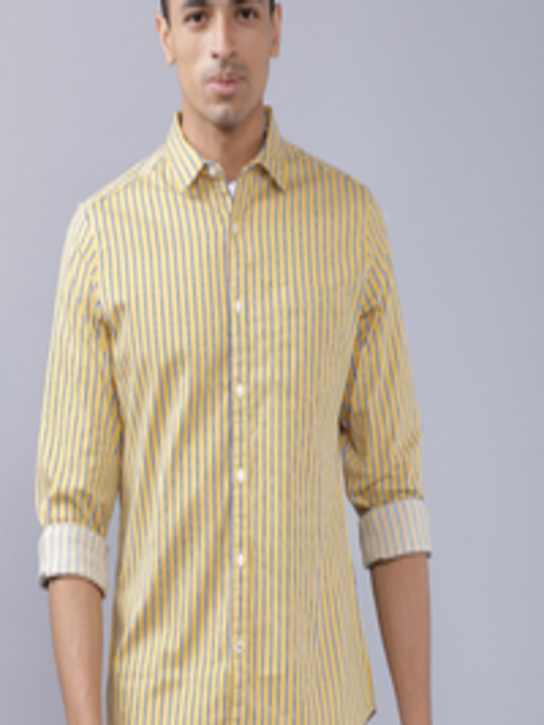 Buy HIGHLANDER Men Yellow & Navy Blue Slim Fit Striped Casual Shirt ...