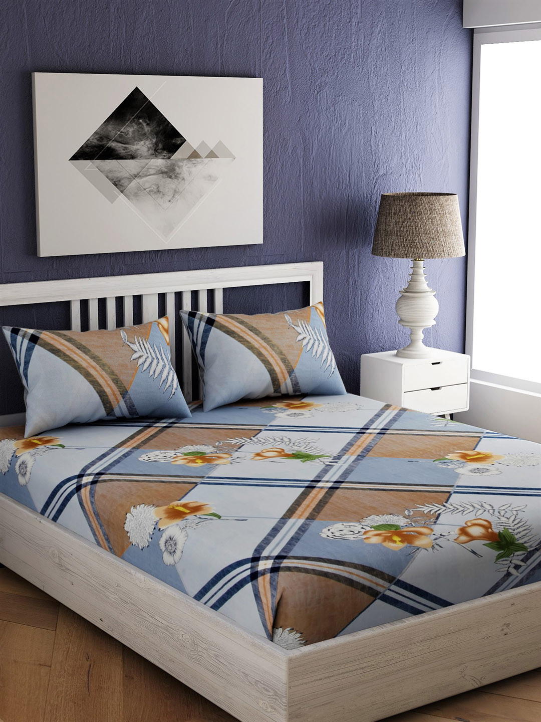 Buy EverHOME Blue Floral 144 TC Cotton 1 King Bedsheet With 2 Pillow