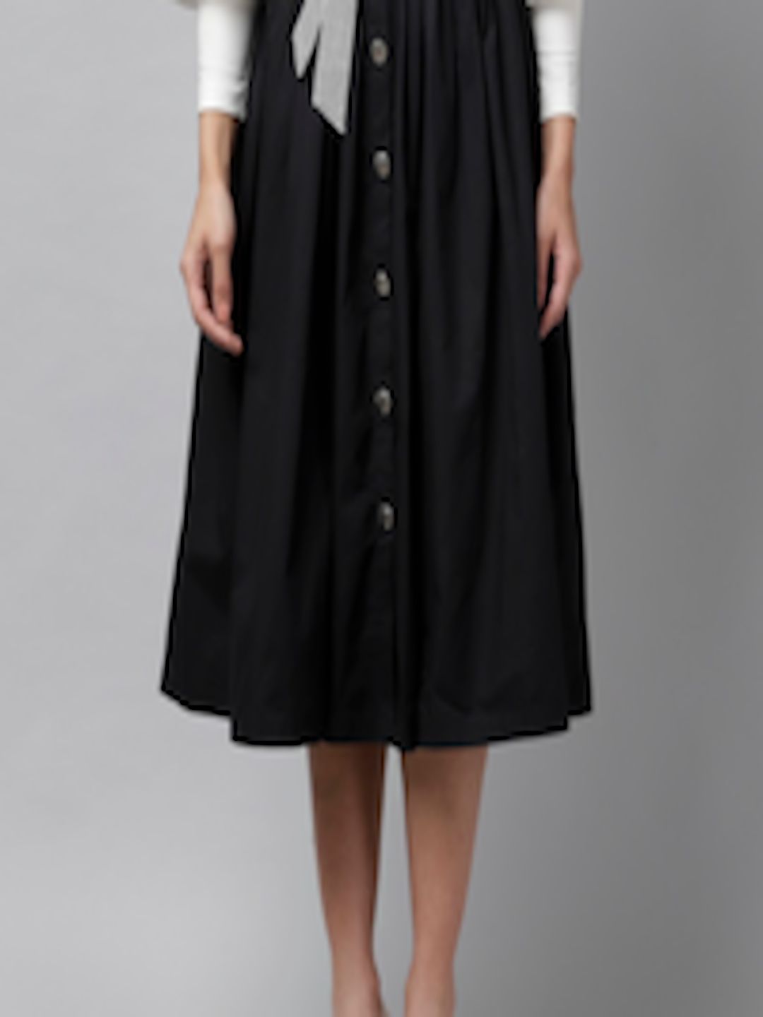 Buy KASSUALLY Black A Line Midi Pure Cotton Skirt With Checkered Belt ...