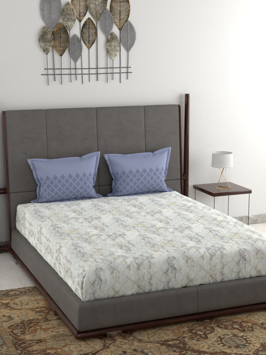 Buy Trident Blue Abstract 144 TC Cotton 1 Queen Bedsheet With 2 Pillow