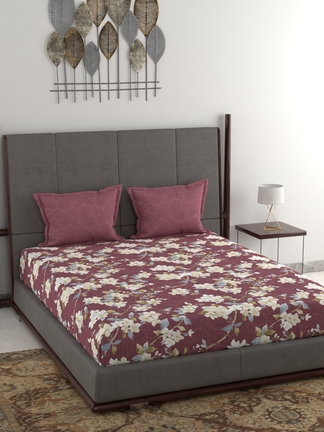Buy Trident Mauve Floral 144 TC Cotton 1 Queen Bedsheet With 2 Pillow