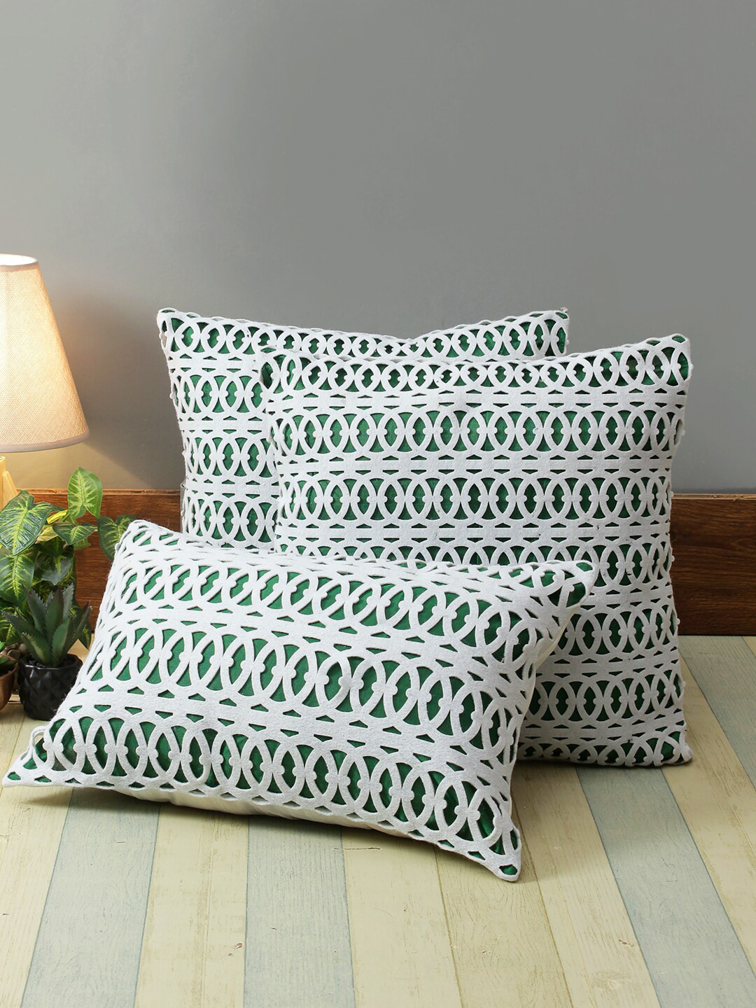 Buy ROMEE Green & White Set Of 3 Geometric Cushion Covers Cushion