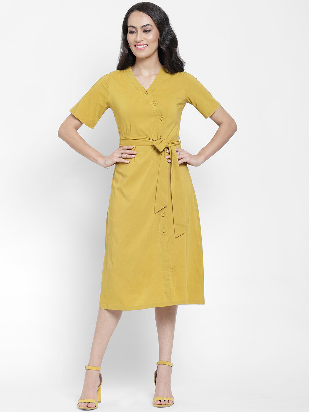 Buy NIXX Women Mustard Yellow Solid Wrap Dress - Dresses for Women ...