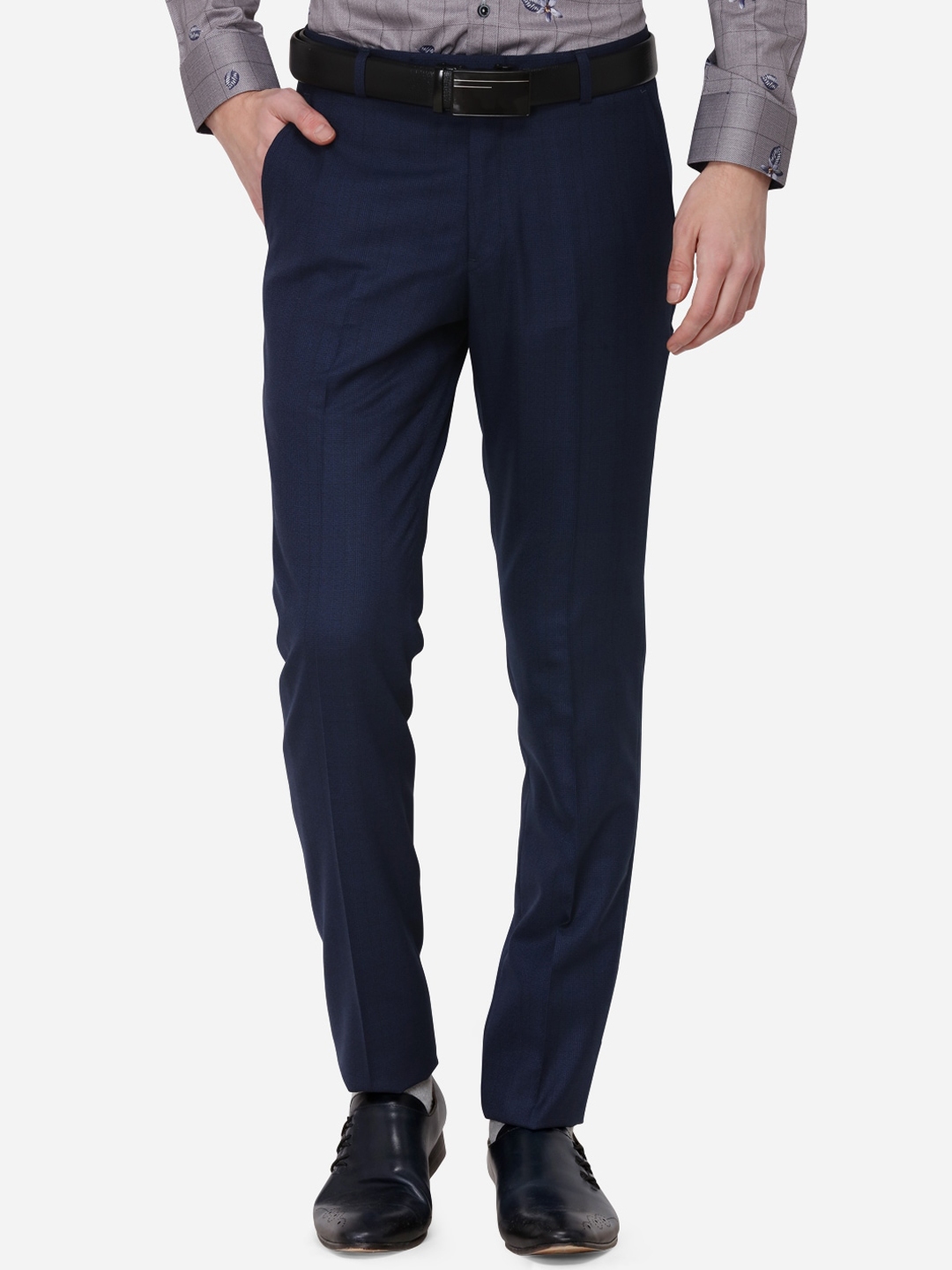 Buy JADE BLUE Men Navy Blue Tapered Fit Checked Formal Trousers ...