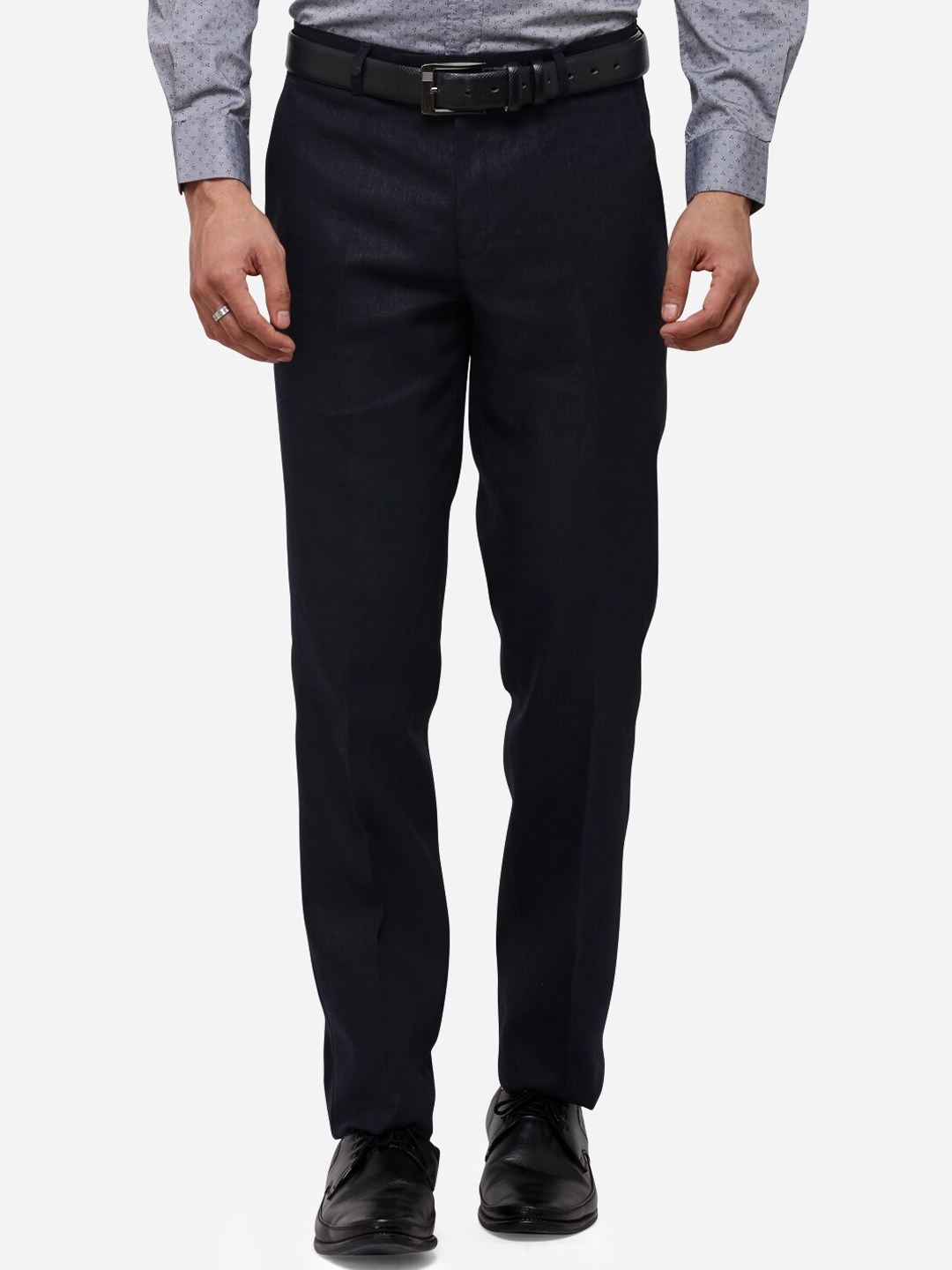 Buy JB STUDIO Men Navy Blue Slim Fit Solid Formal Linen Trousers ...