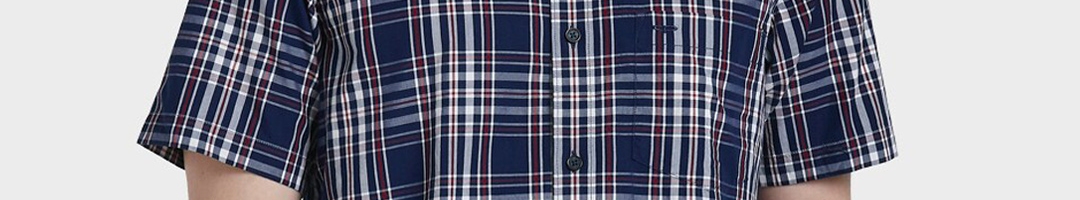 Buy ColorPlus Men Navy Blue & White Tailored Fit Checked Casual Shirt ...