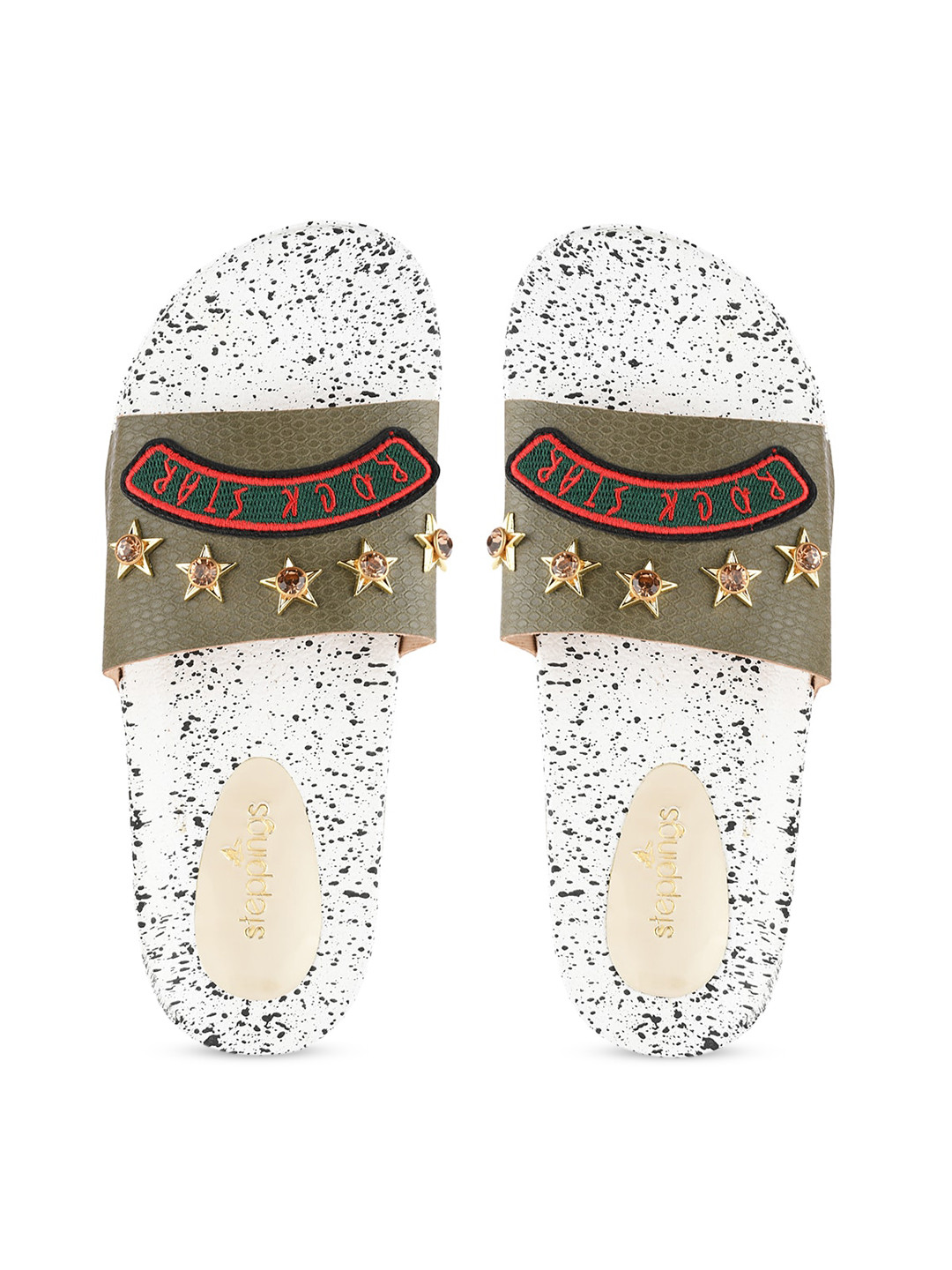 Buy STEPpings Women Olive Green Embellished Sliders Flip Flops for