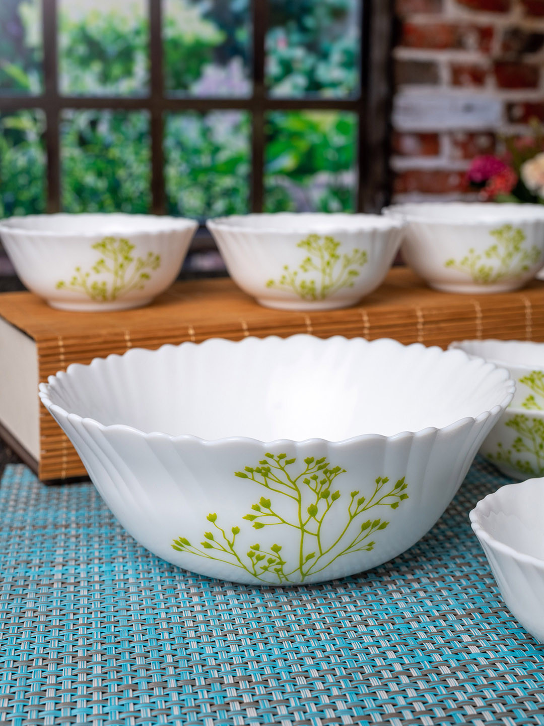 Buy LaOpala White & Green Printed 7 Pieces Opalware Bowl Set
