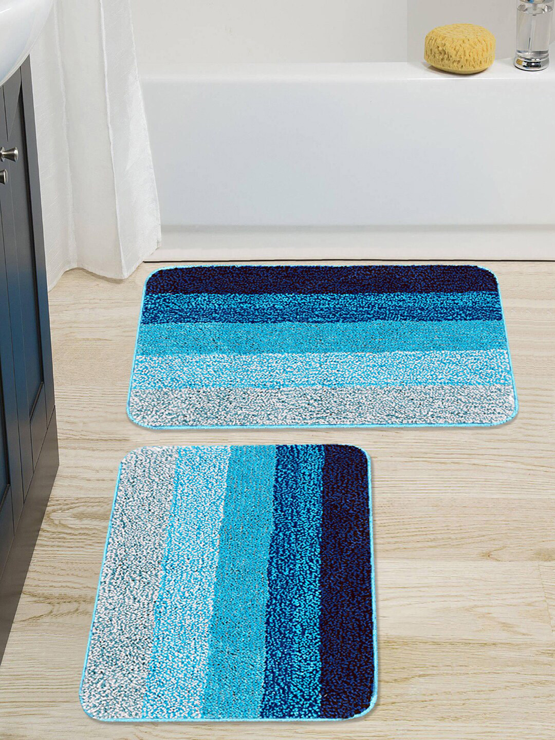 Buy Saral Home Set Of 2 Turquoise Blue & Navy Blue Striped Anti Slip Bath Rugs Bath Rugs for