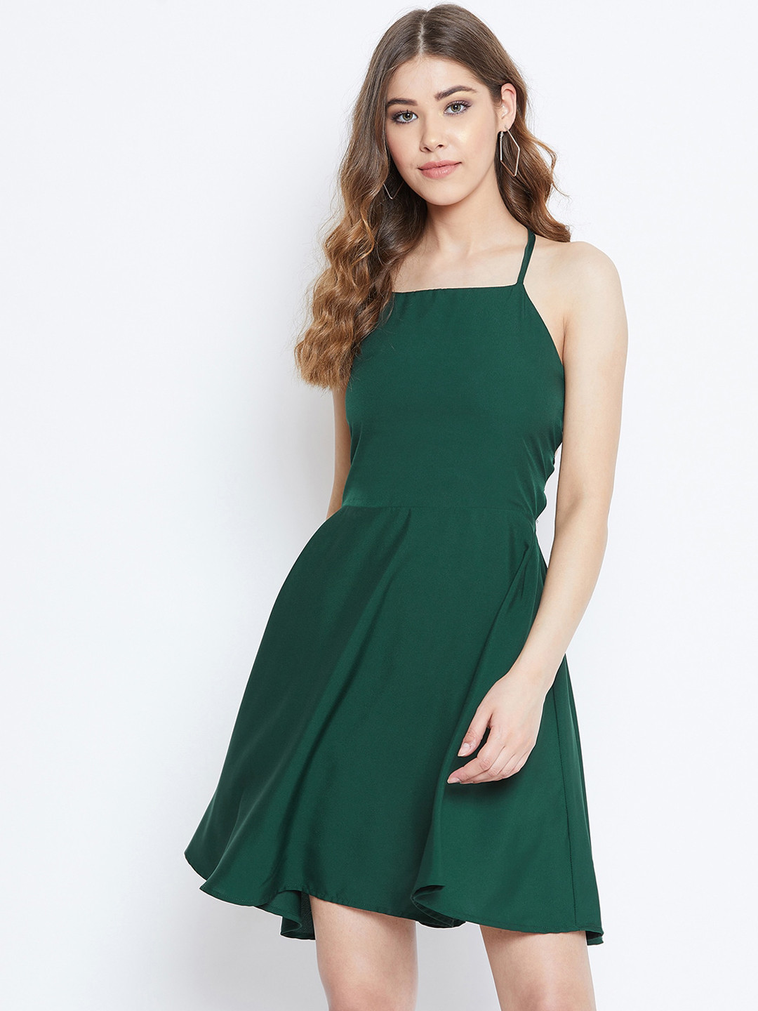 Women's Green Solid Fit and Flare Dress with Belt