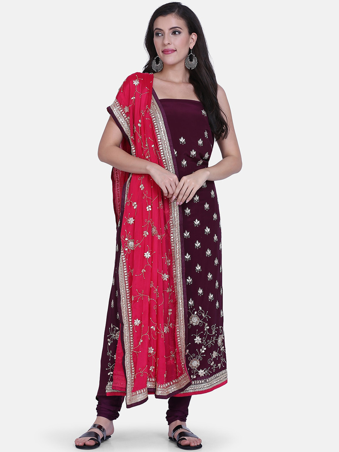 Buy BOMBAY SELECTIONS Purple & Pink Poly Crepe Unstitched Dress