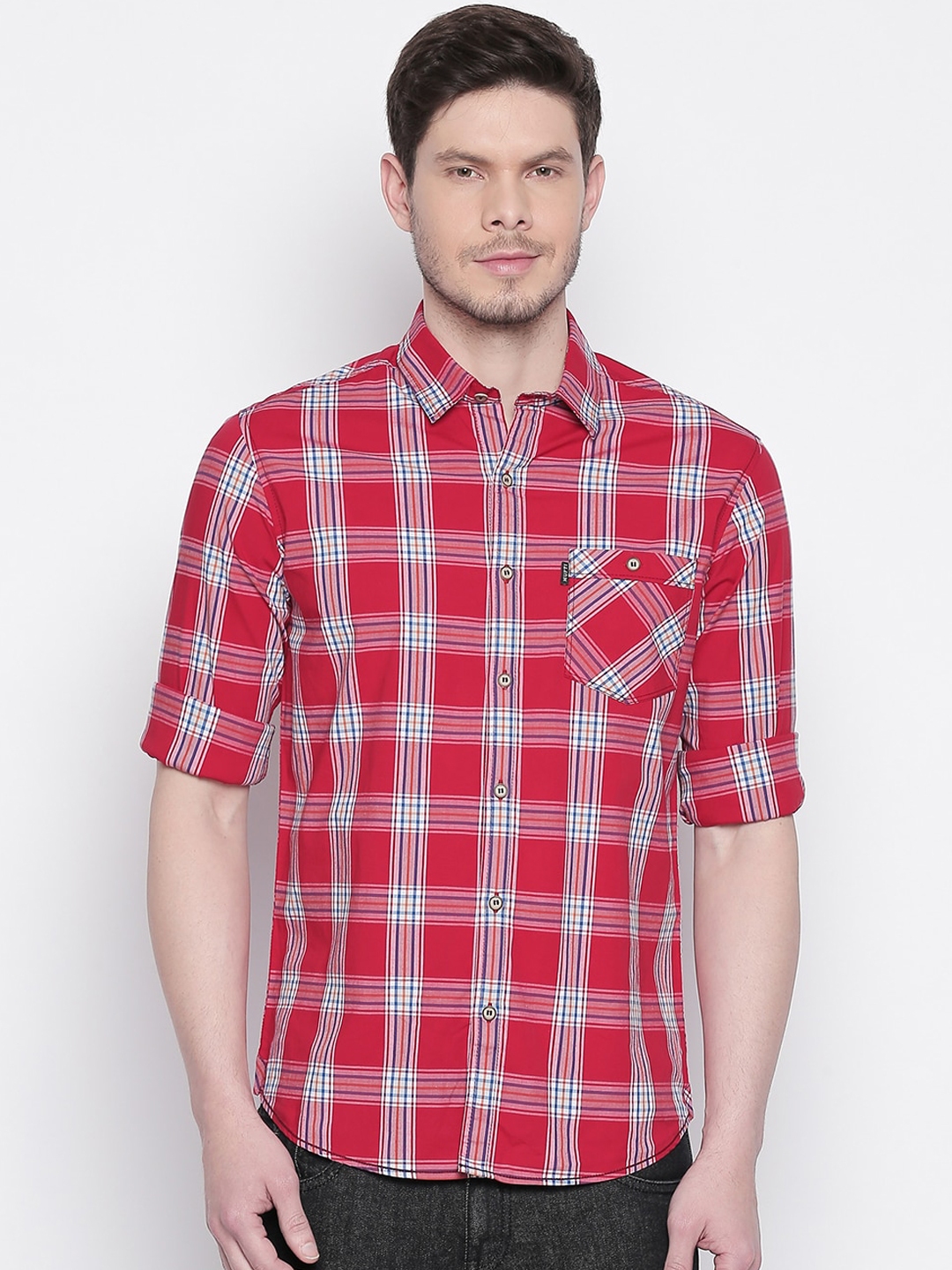 Buy Mufti Men Red & White Slim Fit Checked Casual Shirt - Shirts for ...