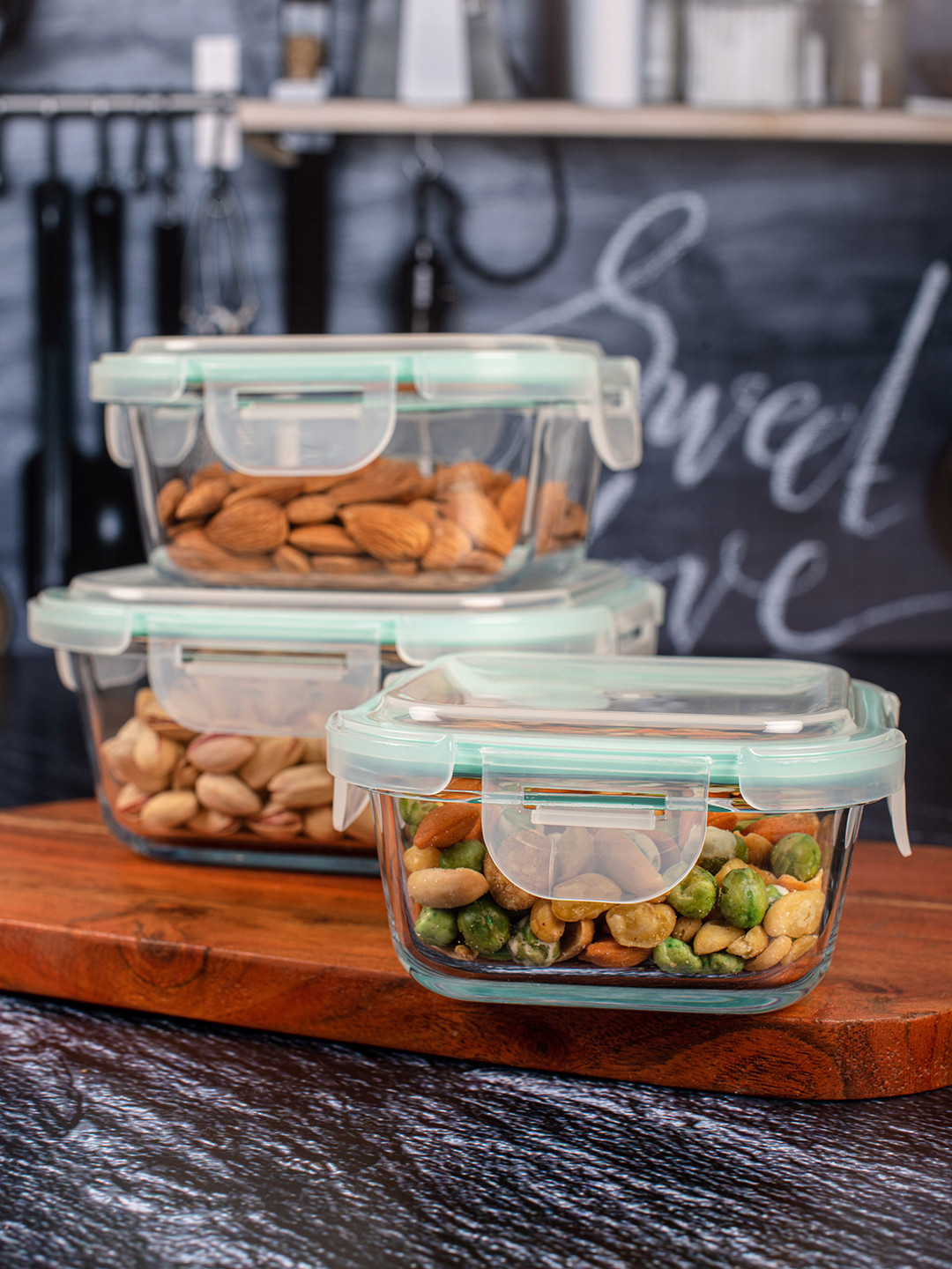 Buy GOODHOMES Set Of 3 Transparent Glass Food Storage Boxes With Lid