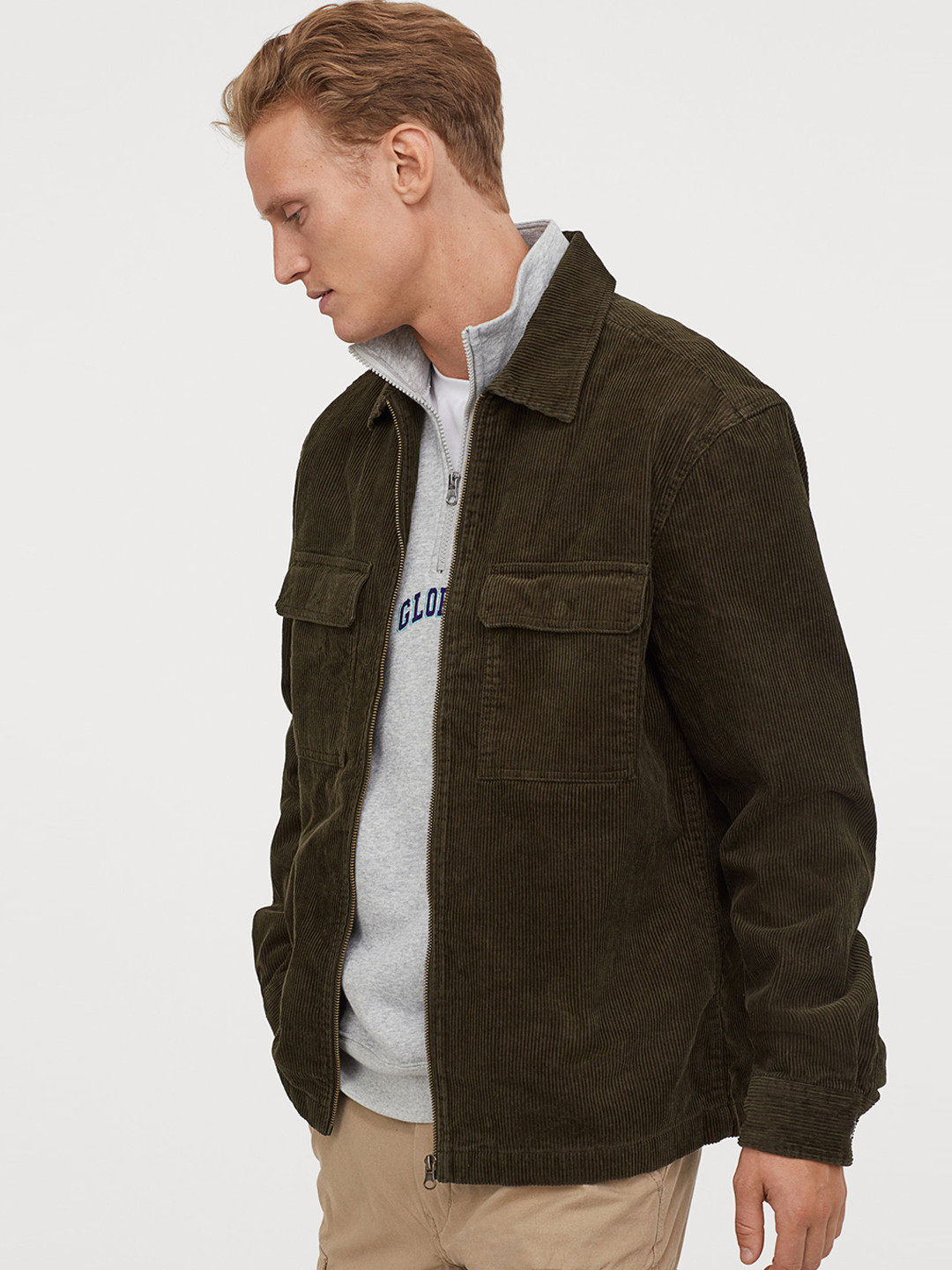 Buy H&M Men Olive Brown Solid Corduroy Shirt Jacket Jackets for Men