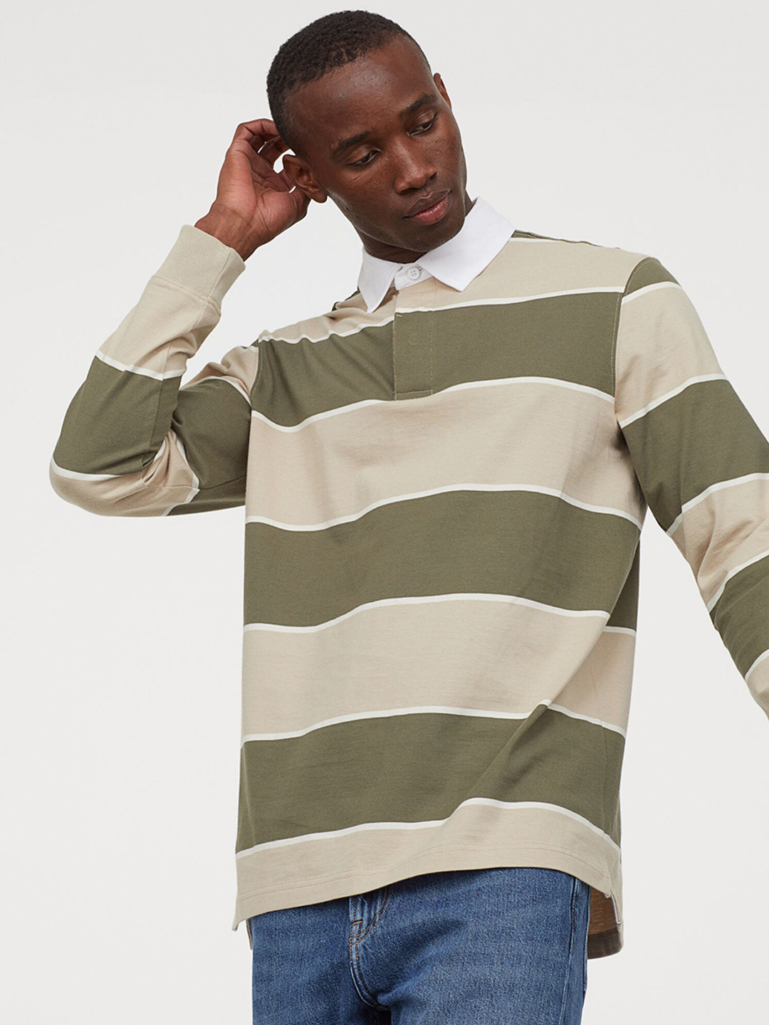 Buy H&M Men Beige Striped Cotton Rugby Shirt Sweatshirts for Men