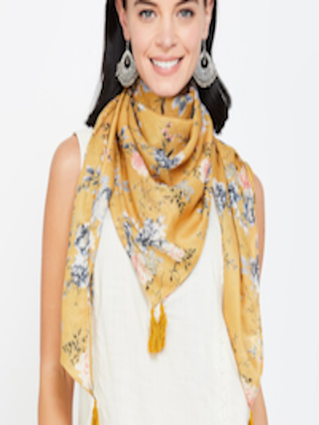 Buy Melange By Lifestyle Women Mustard Yellow Floral Printed Scarf ...